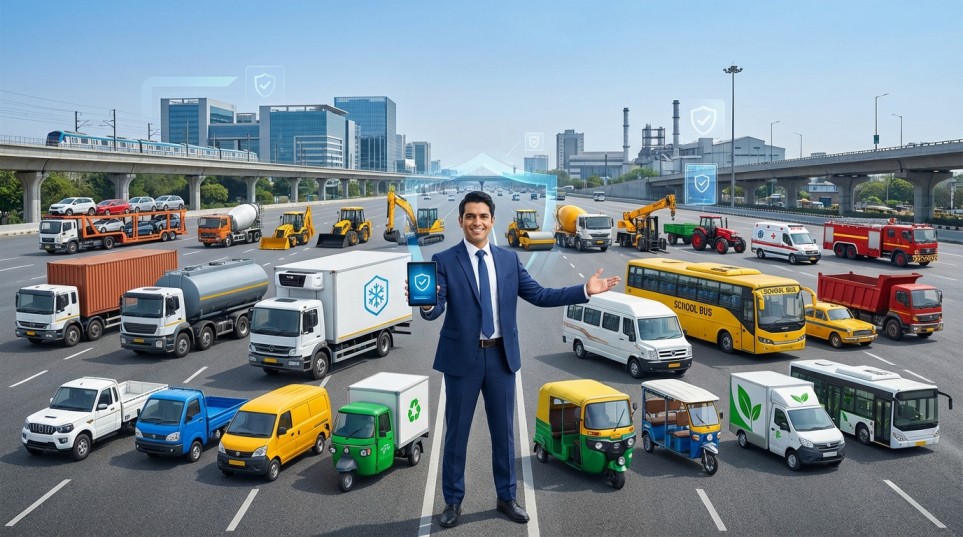 Motor insurance agent in Faridabad offering vehicle bima for trucks, buses, taxis, construction and electric commercial vehicles