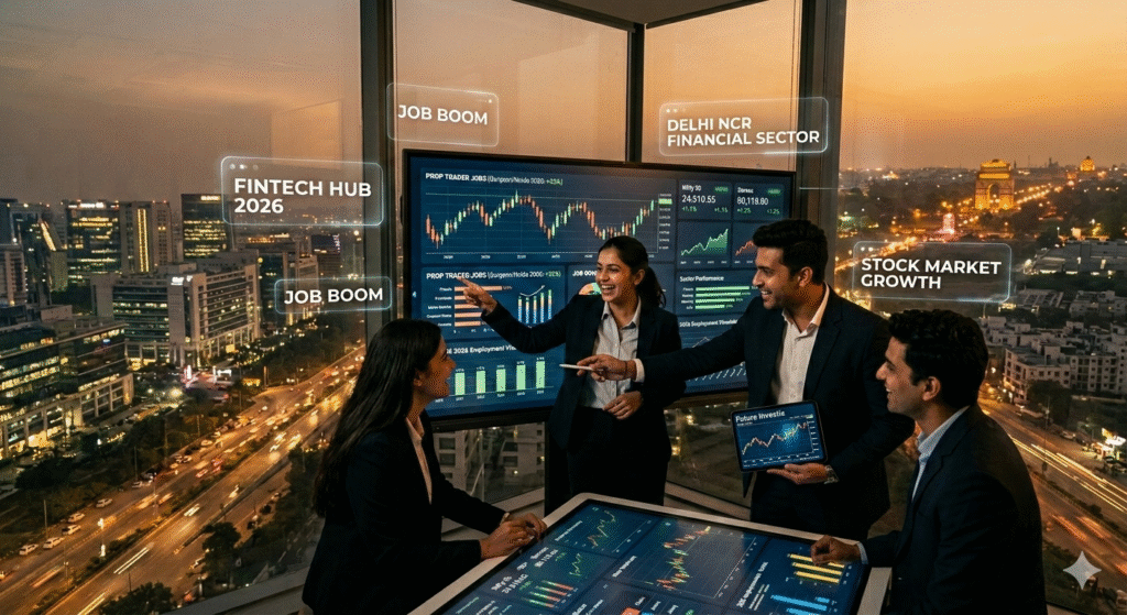 Group of young finance professionals collaborating in a high-rise Delhi NCR office, looking at wall-mounted screens displaying stock market trends, Nifty charts, job market data, and a floating text 'JOB MARKET 2026'. Delhi skyline and a metro line visible outside at dusk.
