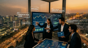 Group of young finance professionals collaborating in a high-rise Delhi NCR office, looking at wall-mounted screens displaying stock market trends, Nifty charts, job market data, and a floating text 'JOB MARKET 2026'. Delhi skyline and a metro line visible outside at dusk.