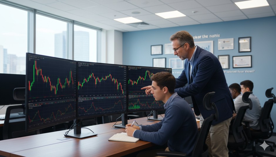 Mentor guiding a student in an offline stock market class in Faridabad during live trading hours.