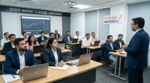 Students attending a live stock market trading class at Future Investix in Faridabad.